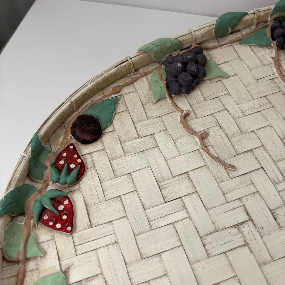 Oval Woven Tray Decorative Fruit Grapes Strawberries Pears‎ Serving Platter VTG
